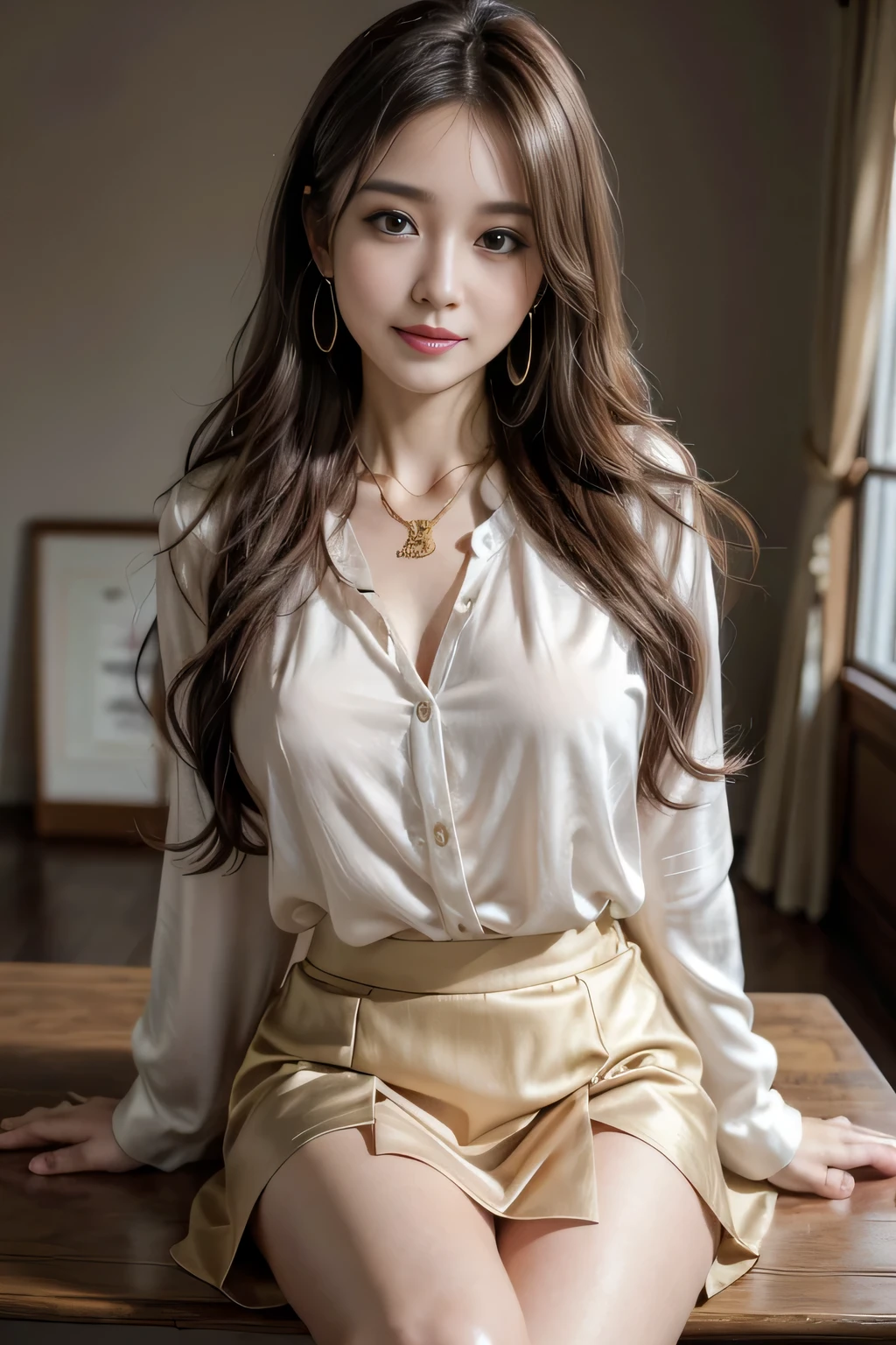 table top, highest quality, realistic, Super detailed, finely, High resolution, 8k wallpaper, 1 beautiful woman,, sharp focus, perfect dynamic composition, beautiful and detailed eyes, thin hair, Detailed realistic skin texture, smile, close-up portrait, model body shape、president&#39;secretary、mini skirt、high heels、whole body、suit,((brown semi-long hair:1.2))((Hair with loose inward waves:1.2)),((gold necklace＿big earrings:1.2)),((shy smile:1.3)),((blouse and skirt, Wearing a white silk blouse,Please wear a white shirt and a dark purple skirt.:1.3)), 、whole bodyショット、((Standing whole body figure supermodel, whole bodyがフレーム内に収まる))、in a luxurious room、