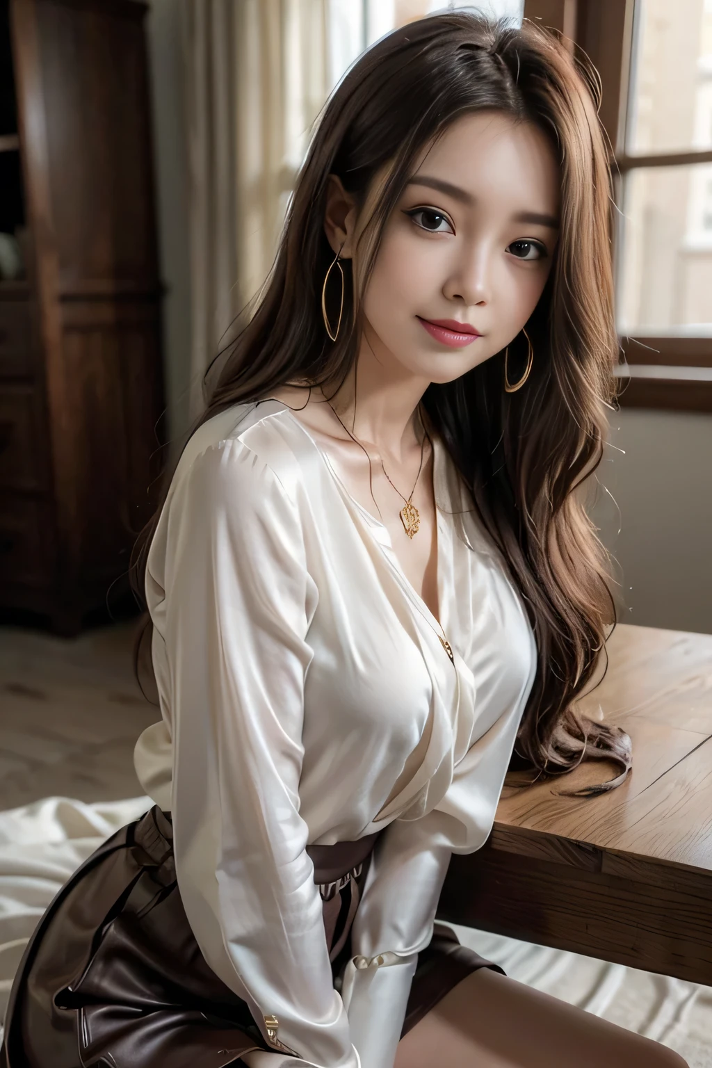 table top, highest quality, realistic, Super detailed, finely, High resolution, 8k wallpaper, 1 beautiful woman,, sharp focus, perfect dynamic composition, beautiful and detailed eyes, thin hair, Detailed realistic skin texture, smile, close-up portrait, model body shape、president'secretary、mini skirt、high heels、whole body、suit,((brown semi-long hair:1.2))((Hair with loose inward waves:1.2)),((gold necklace_big earrings:1.2)),((shy smile:1.3)),((blouse and skirt, Wearing a white silk blouse,Please wear a white shirt and a dark purple skirt.:1.3)), 、whole bodyショット、((Standing whole body figure supermodel, whole bodyがフレーム内に収まる))、in a luxurious room、