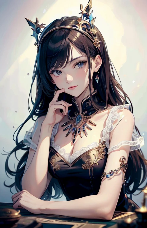shoujo-style, frostedstyle, (romance manhwa), 1girl, milf has short black hair, frozen, ice, crystalline, dress, tiara, white dress, gloves, long sleeves, choker, Red eyes, mascara, makeup, elbow gloves, bow, floating hair, bra, jewelry, looking at viewer, collarbone, puffy sleeves, golden accessories, parted bangs, very long hair, black dress, frills, bangs, closed mouth, outdoors, detailed eyes, dynamic cut,