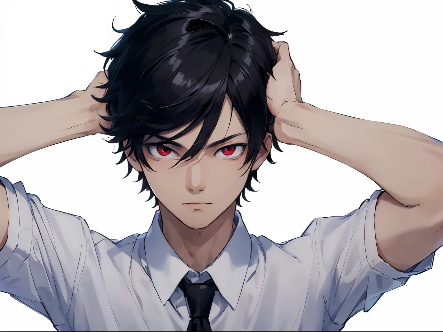 [(white background:1.5),::5], ((((masterpiece)))), high quality, ultra high resolution, full color, (((alone))), ((boy)), black hair, ((black hair)), shining red eyes, japanese cartoon movies, upper body, neon lights, Suit, upper body, red energy