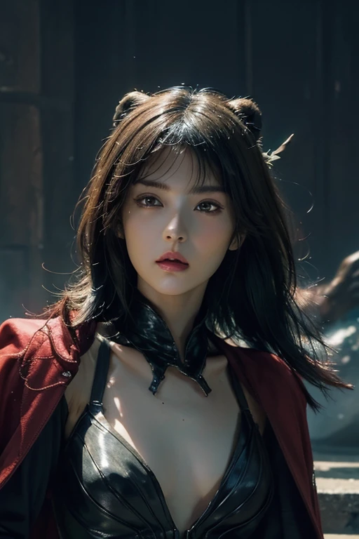 Roughcraft's Worldから来た女性のエイリアン, Super detailed artistic photography, midnight aura, night sky, detailed gorgeous face, dream-like, shine, with backlight, Glamour, sparkling, (very detailed face and eyes:1.2), (High resolutionの光る赤い目:1.4), perfect anatomy, (Beautiful toned body:1.5), (moist skin:1.2), no makeup, (Bear:1.1),(thick eyebrows:1.2), long canines. Smooth, extRa High resolution, 8K, unreal engine 5, super sharp focus, Art by Alberto Seveso, art germ, Barbaric, SF, Complex芸術作品の傑作, evil, Matte Movie Poster with Image, golden ratio, Trending on CGsociety, Complex, wonderful, Trending with ArtStation, author: art germ, H. R. Giger and Beksinski, very detailed, Roughcraft's World, cthulhu, vibration, drawing cinematic characters, Super high quality model, cinematic quality, Detail up, (Complex details:1.2), High resolution, High resolution, draw faithfully, (thick eyebrows:1.2), (big scarlet eyes:1.3)