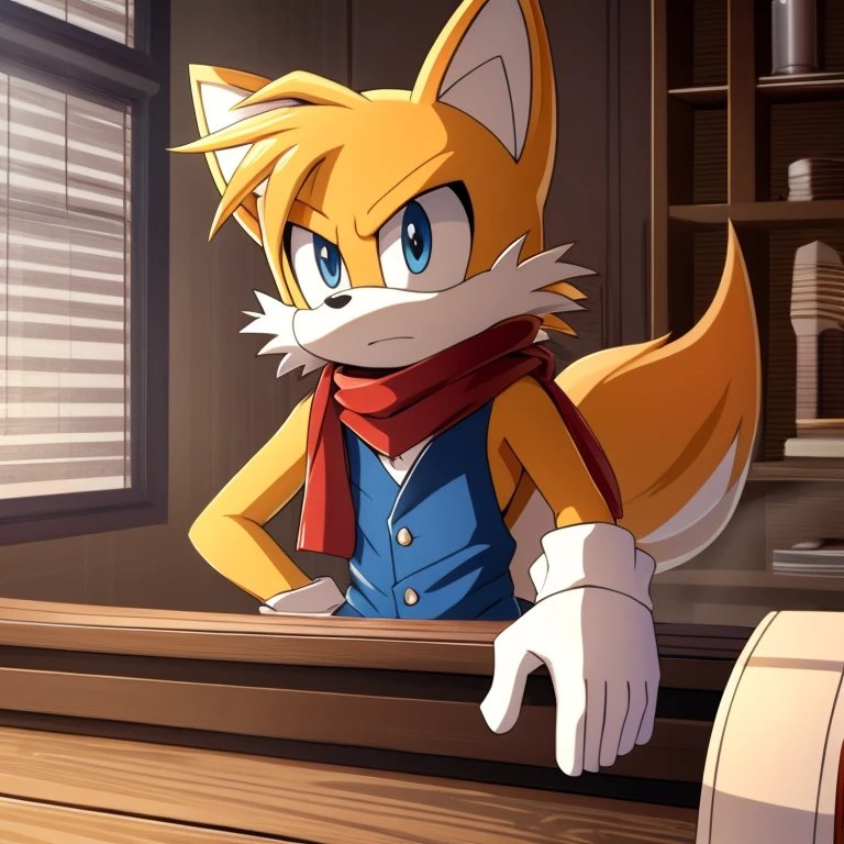 Male, Mobian, Fox, Miles Tails Prower the Fox, \(sonic, series\), older fox boy, ((solo)), ((blue eyes, (eyes open), serious, older, wearing a red anime styled scarf, white gloves, (((2D Anime Style))), in tailor shop, arms crossed