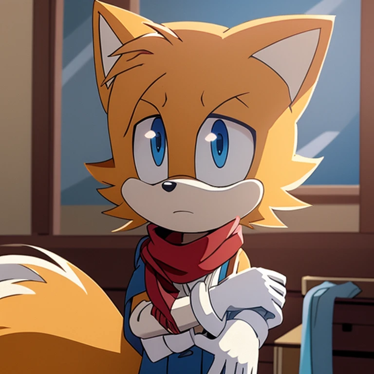Male, Mobian, Fox, Miles Tails Prower the Fox, \(sonic, series\), older fox boy, ((solo)), ((blue eyes, (eyes open), serious, older, wearing a red anime styled scarf, white gloves, (((2D Anime Style))), in tailor shop, arms crossed
