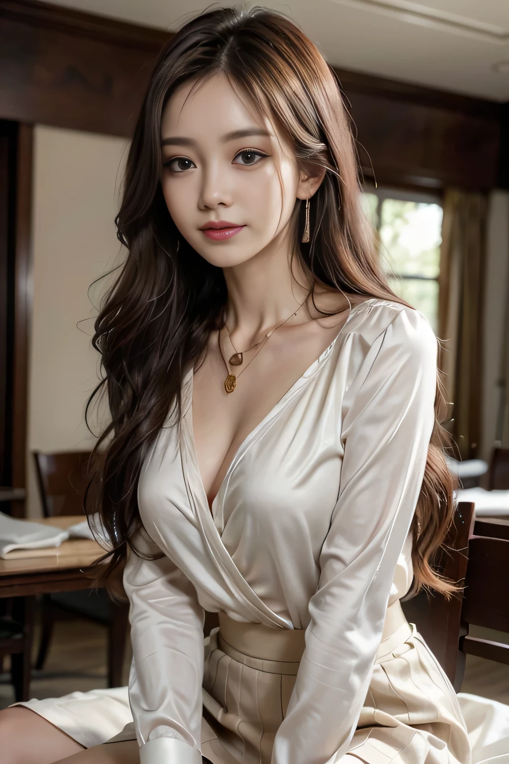 table top, highest quality, realistic, Super detailed, finely, High resolution, 8k wallpaper, 1 beautiful woman,, sharp focus, perfect dynamic composition, beautiful and detailed eyes, thin hair, Detailed realistic skin texture, smile, close-up portrait, model body shape、president&#39;secretary、mini skirt、high heels、whole body、suit,((brown semi-long hair:1.2))((Hair with loose inward waves:1.2)),((gold necklace＿big earrings:1.2)),((shy smile:1.3)),((blouse and skirt, Wearing a white silk blouse,Please wear a white shirt and a dark purple skirt.:1.3)), 、whole bodyショット、((Standing whole body figure supermodel, whole bodyがフレーム内に収まる))、in a luxurious room、