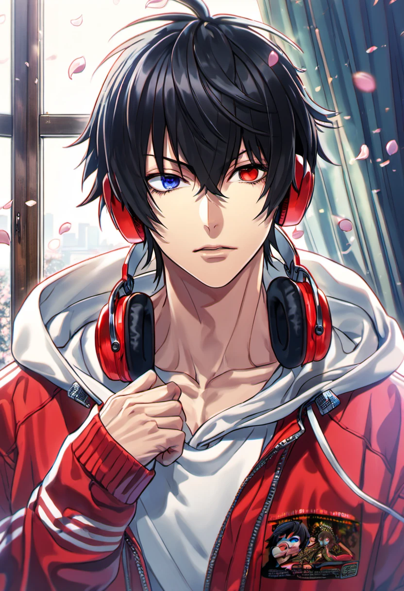 absurdres, highres, ultra detailed, HDR, master piece, best quality, Yamada Ichiro, chin length black hair, Hypnosis Mic, heterochromia, left eye is expensive red, whilst right eye is expensive green, a white hoodie with two zippers, red varsity jacket, he also wears blue jeans, red headphones, 1man, handsome, window, petals, curtains