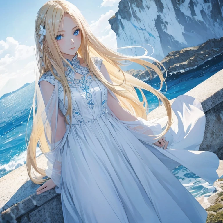 "Amazing image of a beautiful girl with long blonde hair, Blue eyes and white skin in a beautiful setting."