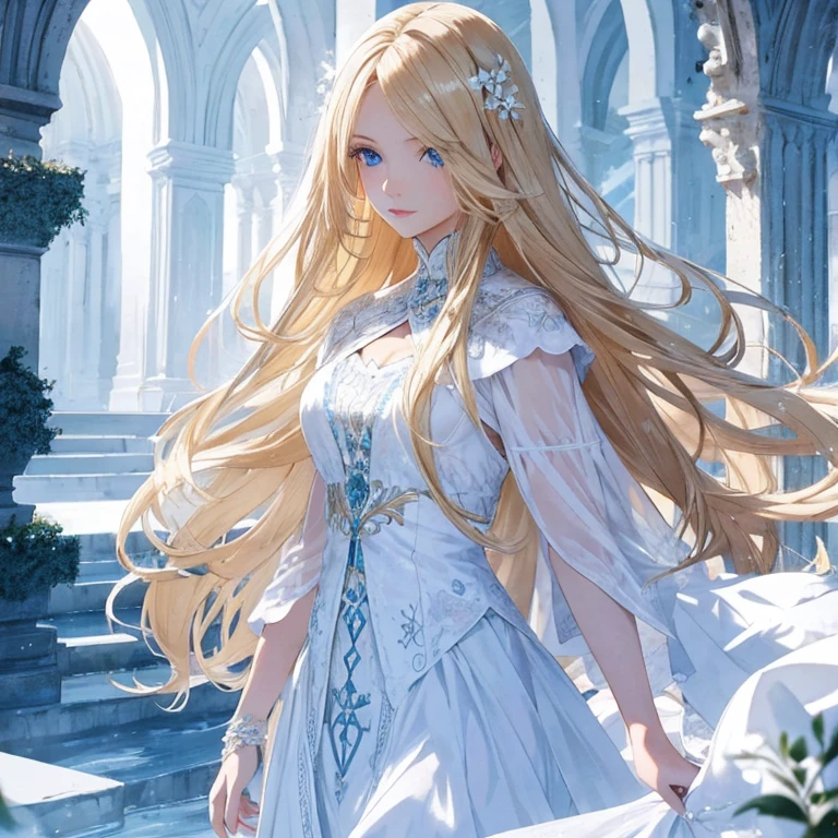 "Amazing image of a beautiful girl with long blonde hair, Blue eyes and white skin in a beautiful setting."