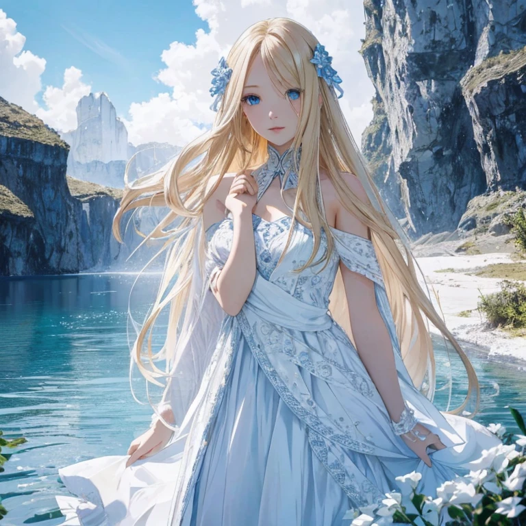 "Amazing image of a beautiful girl with long blonde hair, Blue eyes and white skin in a beautiful setting."