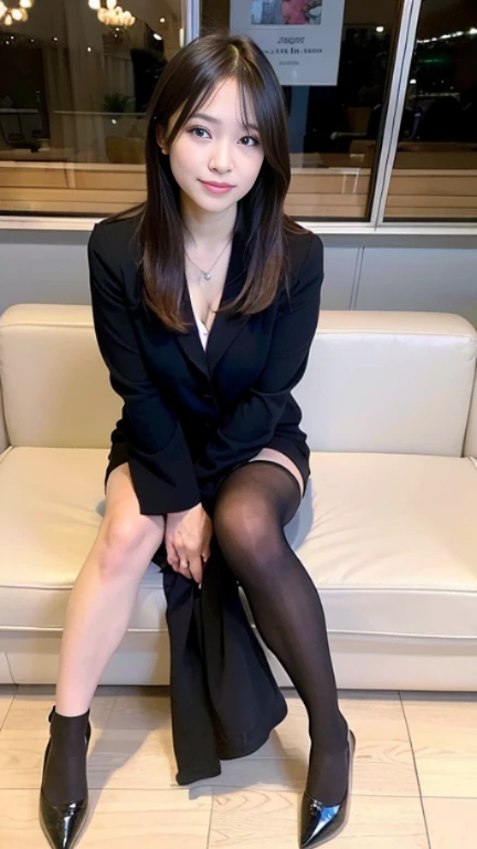 (8K, highest quality, masterpiece: 1.2), (realistic, realistic: 1.37), Super detailed, Japanese people々, woman, Beautiful woman, (full body: 1.4), (40 generations: 1.6), (Wrinkle: 0.9), best style, beautiful feet, accurate hands, perfect face, office, suit, Tight Skirt, pantyhose, black heels, bob hair, sit on the sofa, show panties, front