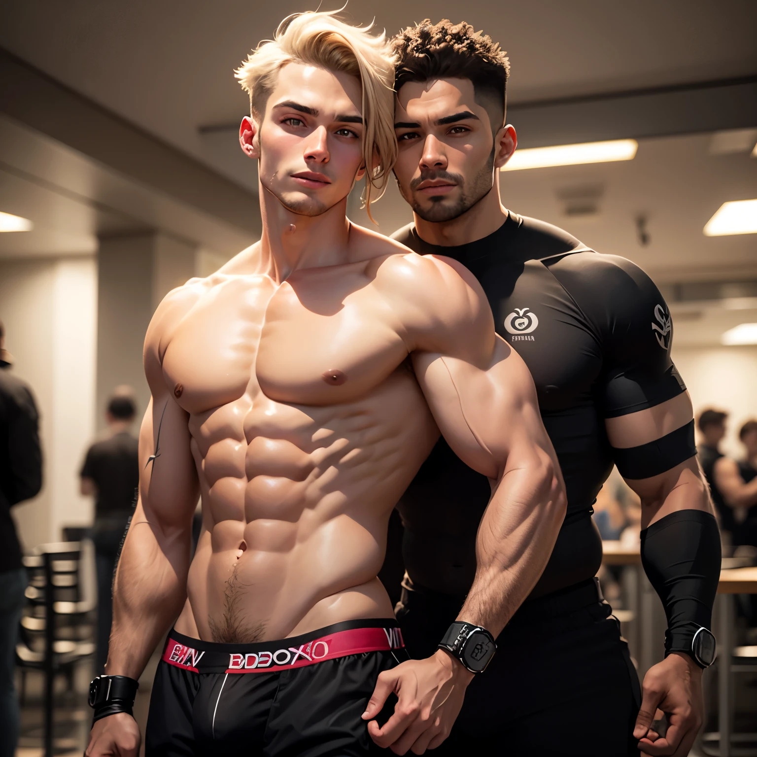 Super fofo, jovem adolescente sueco, soft facial features, Soft jaw,sorridente , cabelo loiro muito comprido, medium chest, Medium Pecs, grande ereto, 6 pack abs, quadris magros, cintura fina, coxas magras, vestindo cuecas boxer amarelas muito apertadas,em campo, grandes olhos brilhantes, mostrando virilha cheia com grande bojo, com colar