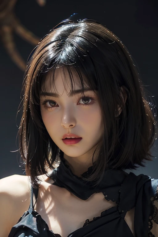 Roughcraft's Worldから来た女性のエイリアン, Super detailed artistic photography, midnight aura, night sky, detailed gorgeous face, dream-like, shine, with backlight, Glamour, sparkling, (very detailed face and eyes:1.2), (High resolutionの光る赤い目:1.4), perfect anatomy, (Beautiful toned body:1.5), (moist skin:1.2), no makeup, (Bear:1.1),(thick eyebrows:1.2), long canines. Smooth, extRa High resolution, 8K, unreal engine 5, super sharp focus, Art by Alberto Seveso, art germ, Barbaric, SF, Complex芸術作品の傑作, evil, Matte Movie Poster with Image, golden ratio, Trending on CGsociety, Complex, wonderful, Trending with ArtStation, author: art germ, H. R. Giger and Beksinski, very detailed, Roughcraft's World, cthulhu, vibration, drawing cinematic characters, Super high quality model, cinematic quality, Detail up, (Complex details:1.2), High resolution, High resolution, draw faithfully, (thick eyebrows:1.2), (big scarlet eyes:1.3)