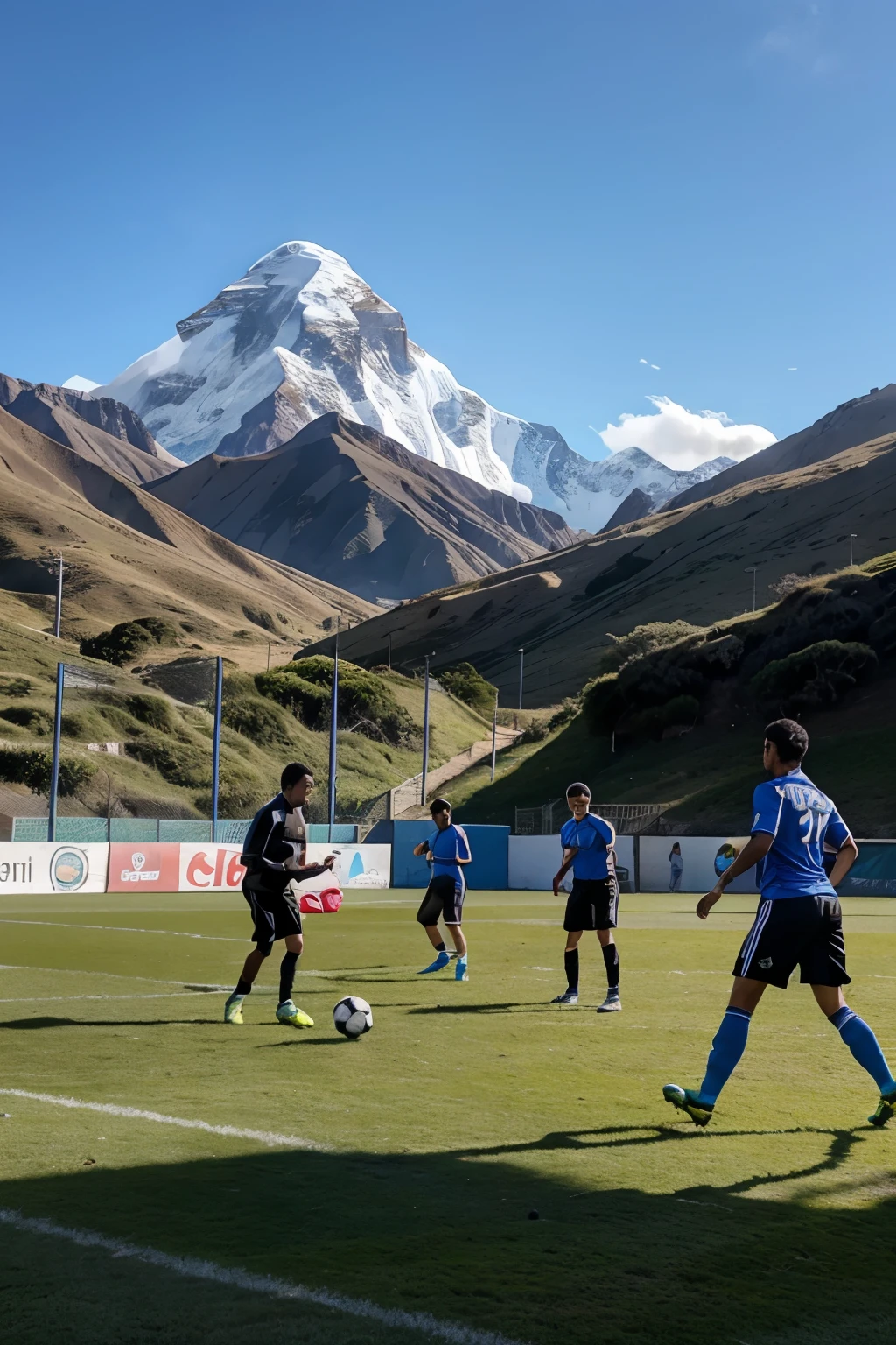 dos personas jugando futbol soccer en la punta del monte everest