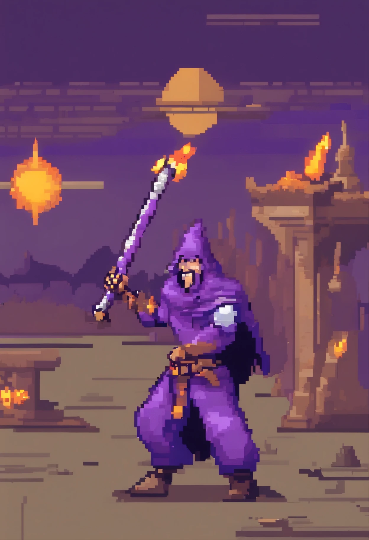 Pixelated image of a wizard in purple clothing and gray hood wearing a burning staff and a warrior in purple clothing and a cap
Gray ETE holding a golden axe fighting a warrior orc on a ruined plain