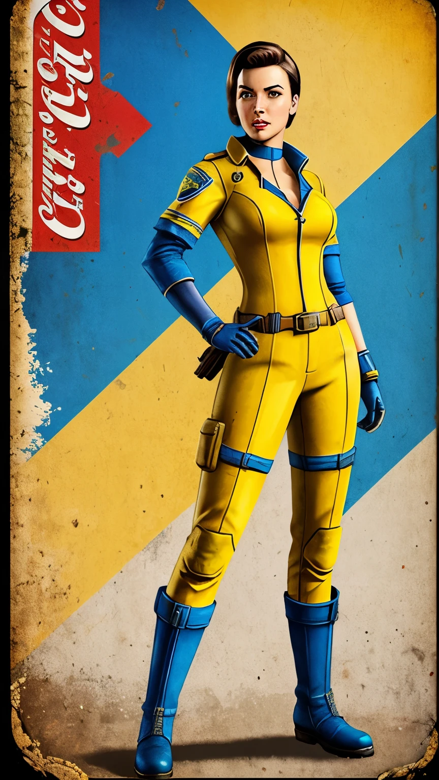 Fallout female character, with classic blue and yellow uniform suit, fiftyes poster of Coca-Cola pinup style, Post apocalyptic background