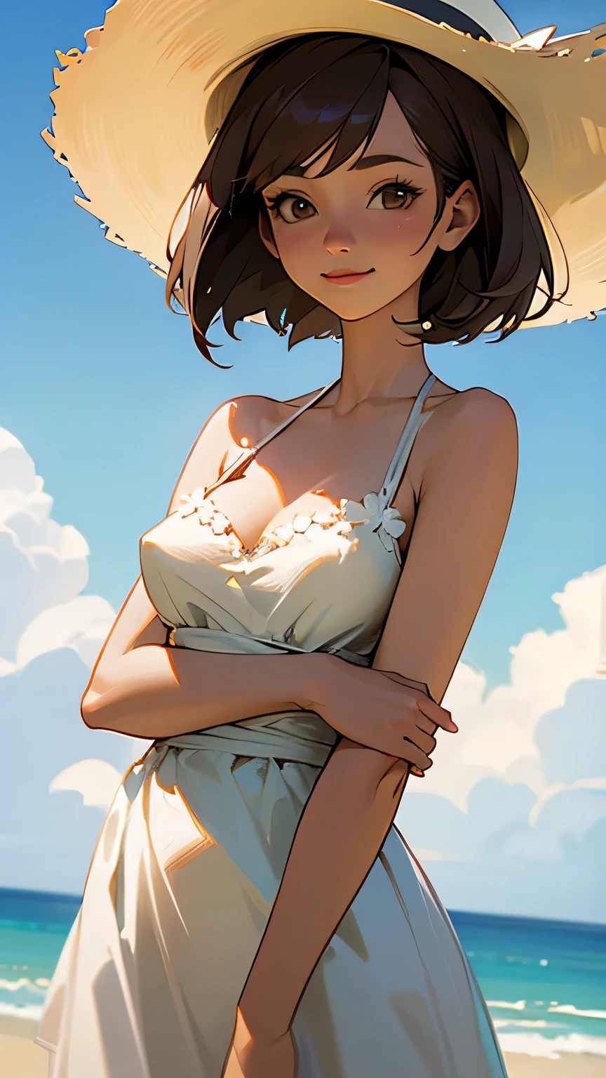 (Best quality, dynamic lighting, highly detailed, HDR) Brown haired young woman, mature, beautiful, bob hair, brown eyes, slim, medium-small breasts, white floral summer dress, summer hat, bare shoulder, cleavage, perky nipples, sleeveless, smiling, beach background.