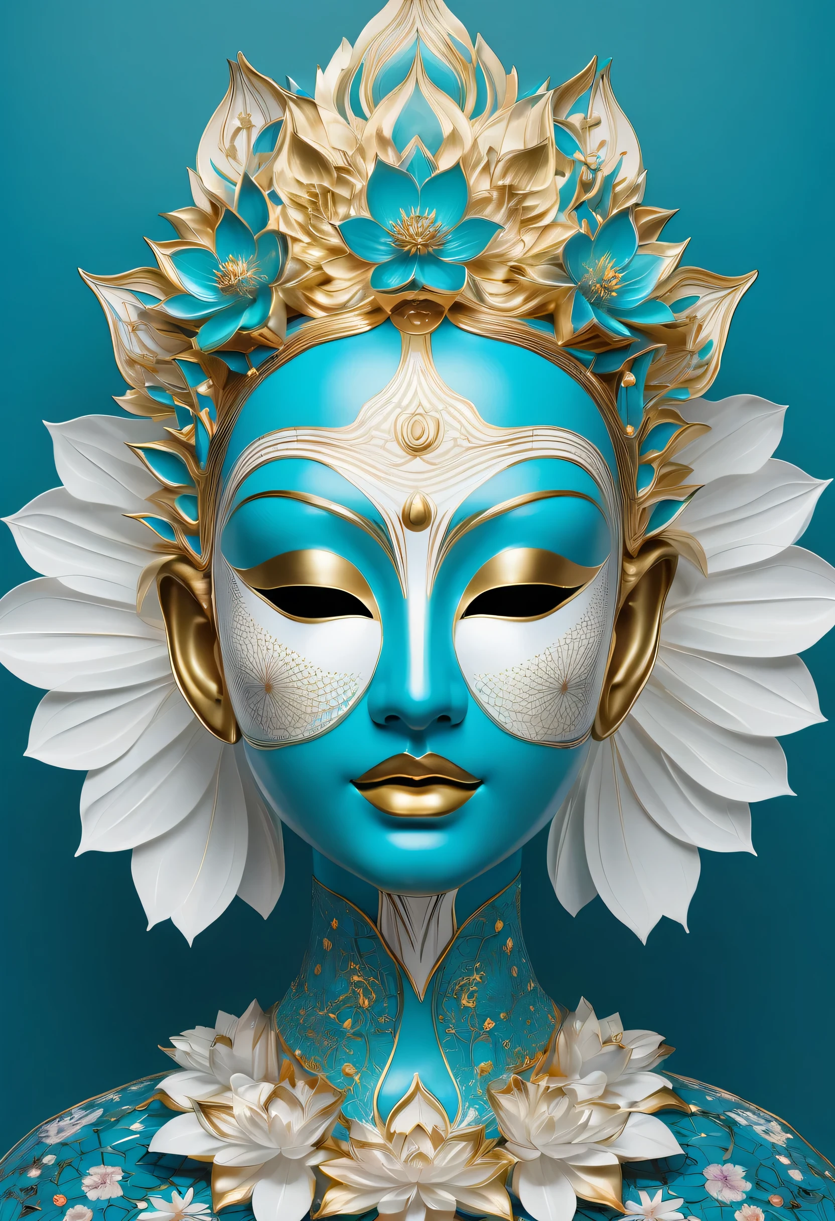 Imagine a tranquil scene inspired by Buddhist philosophy,A vibrant lotus flower stands against a background of intense turquoise tones。Lotus symbolizes purity and enlightenment,Complex petals bloom,exudes a sense of tranquility。As you gaze deeper into the image,You will notice an arrangement similar to a mandala,The constellations are arranged elegantly。Fusion of Buddhist Symbolism and Astrological Elements,conformity,Induce contemplation and a timeless sense of connection。(The sculpture is surrealist and realist: 1.5), (gold,Blue and white porcelain mask), (metal wings: 1.2), (Fox futuristic mask: 1.2), (Internet pop kawaii fractal art: 1.6), (Tobias Gramler (Tobias Gramller) artistic style,Smooth shape: 1.6), (Organic geometric mixture: 1.6),ultra high resolution: 1.4),(particle effects: 1.4), (depth of field: 1.4), (geometric point abstraction: 1.6), (generative fluid fractal algorithm: 1.6), imane anys, Soldier Nandor, lorena avarez,