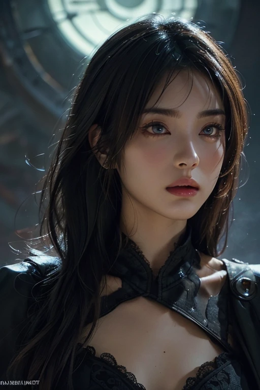 Roughcraft's Worldから来た女性のエイリアン, Super detailed artistic photography, midnight aura, night sky, detailed gorgeous face, dream-like, shine, with backlight, Glamour, sparkling, (very detailed face and eyes:1.2), (High resolutionの光る赤い目:1.4), perfect anatomy, (Beautiful toned body:1.5), (moist skin:1.2), no makeup, (Bear:1.1),(thick eyebrows:1.2), long canines. Smooth, extRa High resolution, 8K, unreal engine 5, super sharp focus, Art by Alberto Seveso, art germ, Barbaric, SF, Complex芸術作品の傑作, evil, Matte Movie Poster with Image, golden ratio, Trending on CGsociety, Complex, wonderful, Trending with ArtStation, author: art germ, H. R. Giger and Beksinski, very detailed, Roughcraft's World, cthulhu, vibration, drawing cinematic characters, Super high quality model, cinematic quality, Detail up, (Complex details:1.2), High resolution, High resolution, draw faithfully, (thick eyebrows:1.2), (big scarlet eyes:1.3)