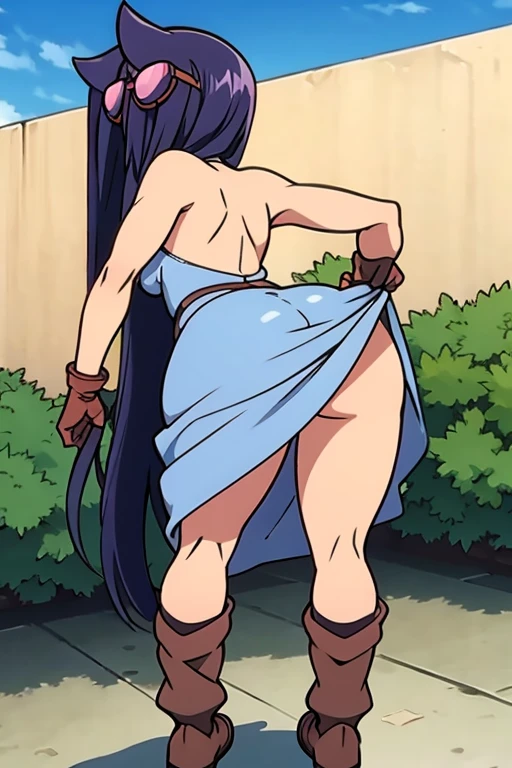 cowgirl's massive bent over rear butt cheeks from behind out of bottomless long dress out bare and wet boots spreading her legs, gloved hands hidden behind head, sunglasses