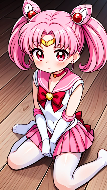 sailor moon,childhood,Young,Seven years old,Cute little loli,Pink hair twintails,red eyes,short hair,Sailor suit,bow tie,White elbow gloves,red skirt,sitting,no shoes,cry,Wronged,white pantyhose