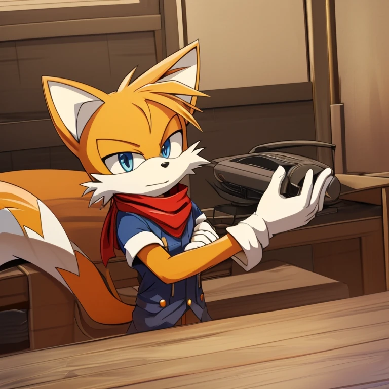 Male, Mobian, Fox, Miles Tails Prower the Fox, \(sonic, series\), older fox boy with more bangs, ((solo)), ((blue eyes, (eyes open), serious, older, wearing a red anime styled scarf, white gloves, (((2D Anime Style))), in tailor shop, arms crossed