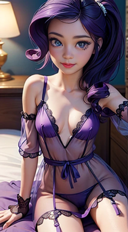 ((best quality)), ((highly detailed)), masterpiece, (detailed eyes, deep eyes), (1girl), dynamic angle, cowboy shot, mlprarity, woman, smile, looking at viewer, ((purple hair)), high pony tail, ((blue eyes)), naked, indoors, lying on a bed, ((transparent sheer nightgown)), lace thing, stockings, garters, nipples, sexy gaze, shelf bra, off shoulder, negligee, see through clothing, nude body