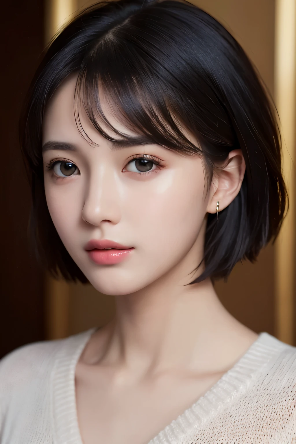 (masterpiece:1.3), (8K, realistic, Raw photo, highest quality: 1.4), (1 girl), beautiful face, (realistic face), (black hair, short hair:1.3), beautiful hairstyle, realistic eyes, detailed and beautiful eyes, (realistic skin), beautiful skin, (sweater), disorganized, Charm, ultra high resolution, surreal, very detailed, golden ratio、((bust shot))