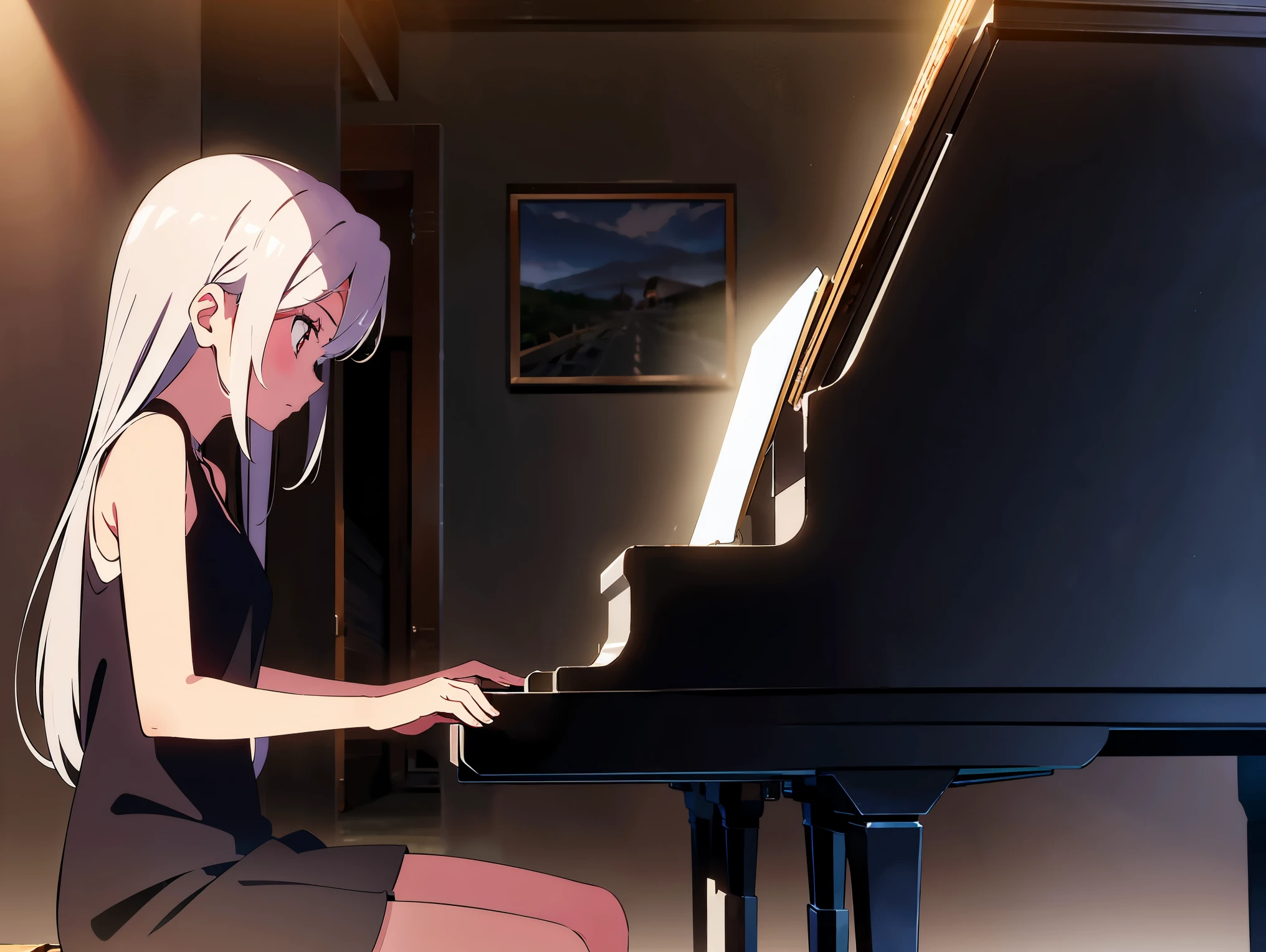 a girl with beautiful silver hair and expressionless red eyes, wearing a black , sitting and playing the piano, in a dark room