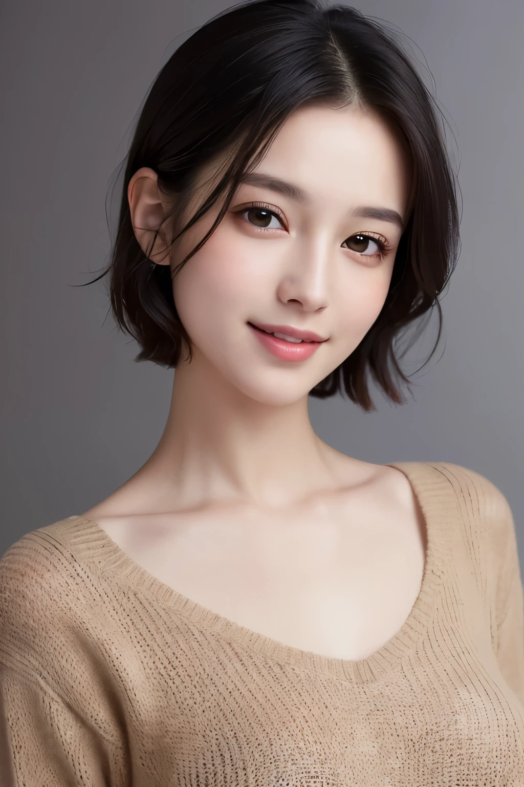 (masterpiece:1.3), (8K, realistic, Raw photo, highest quality: 1.4), (1 girl), beautiful face, (realistic face), (black hair, short hair:1.3), beautiful hairstyle, realistic eyes, detailed and beautiful eyes, (realistic skin), beautiful skin, (sweater、mini skirt), disorganized, Charm, ultra high resolution, surreal, very detailed, golden ratio、(((full body shot)))、smile
