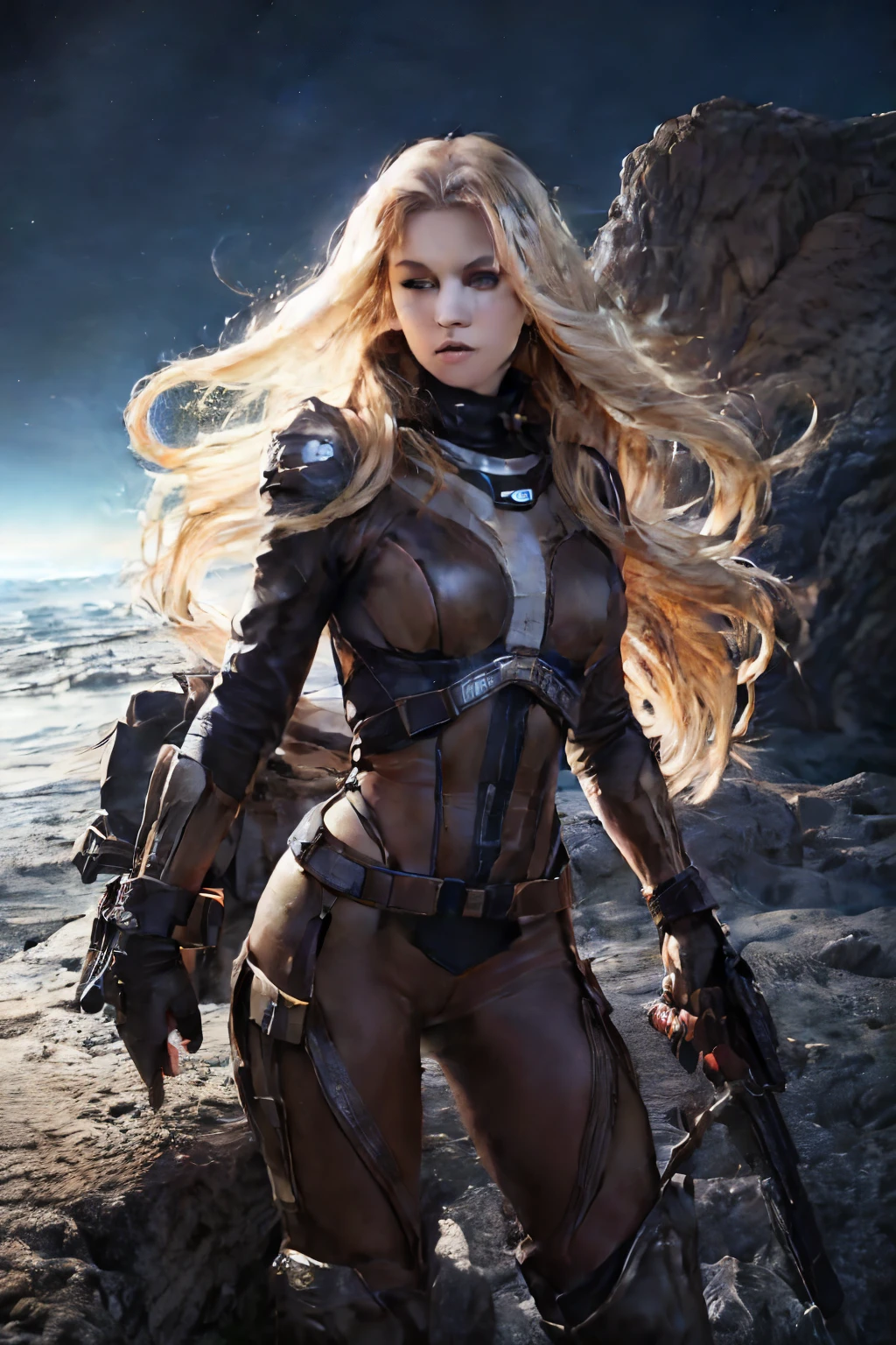 Horny sexy Blonde woman space ranger, full body shot head to toe, exploring a dry rocky almost barren ice planet, running 3/4 profile left, holding a long barrol multishot space hunting rifle, ultra blonde white hair, wavy hair, curly hair, sexy hair, large breasts, wearing ultra dusty wornout clothing, convertable helmet visor down showing ultra beautiful mezmerising face, she is wearing a dry dusting looking leather retro hunting  outfit consisting of long brown overcoat leather space ranger form fitting body suit and small amounts of future clothing and space tech, action pose hunting, 36k resolution ultra hyper detailed image, photo-realistic, dehaze, dark of night hunting a nocturnal elusive alien carnivorous animal.,space_girl,Explosive dust