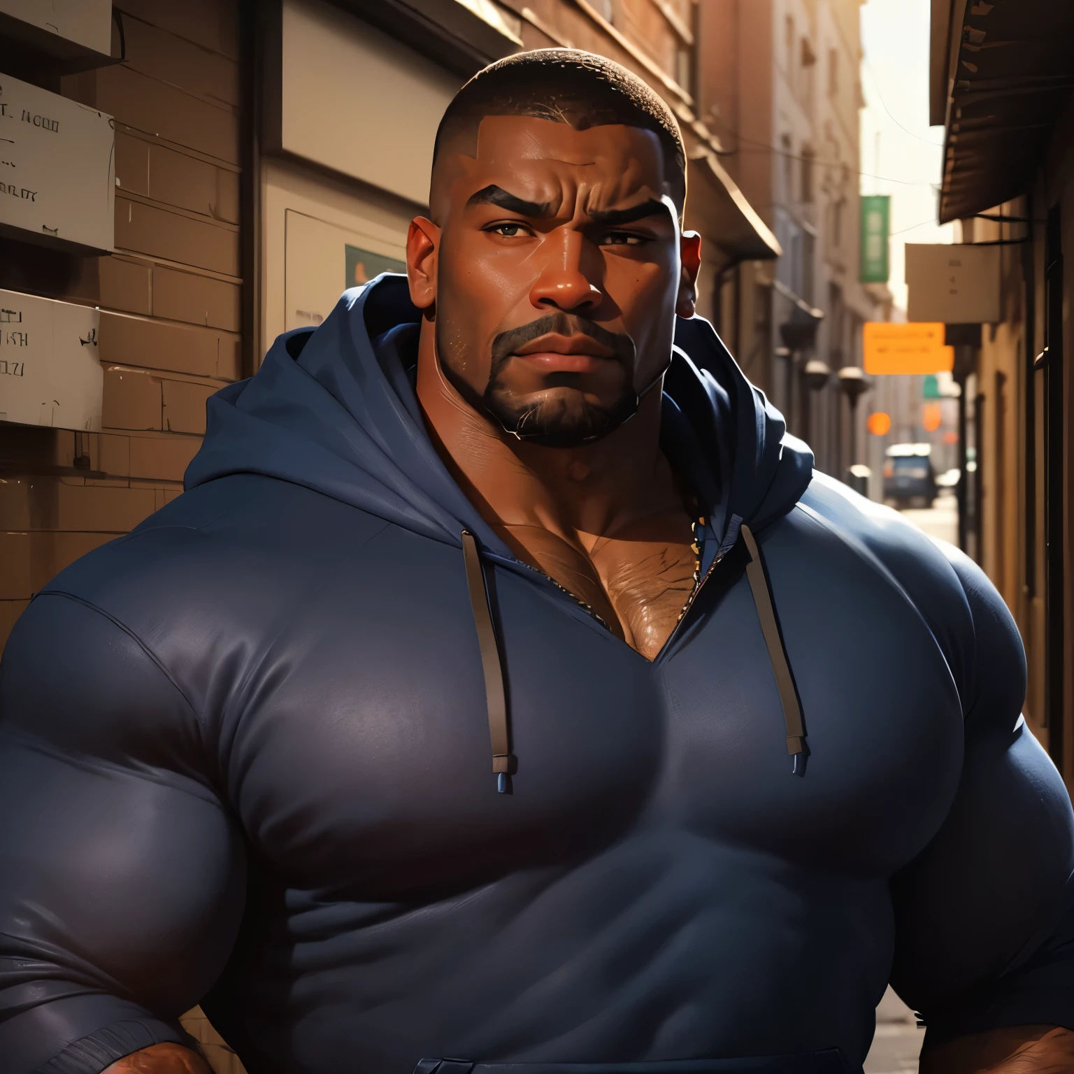 an exaggeratedly muscular and large bodyguard, beefy build, beard, dark-skinned african american male, buzzcut hair with square line, surprised expression, (wearing dark blue pullover hoodie: 1.2), unbuttoned, (bara pecs: 1.3), (arm and chest hair: 1.1), close-up portrait HD, (street alley)