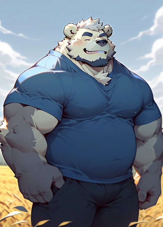 (masterpiece),(Farmer 1.1),Very detailed,(best quality),hairy,Bear,white hair,eyes closed,chubby,(chubby),(huge size),charming,((Smile)), (White short sleeves),((crotch bulge)),standing,(Smile),(eyes closed))),cool pose,Golden wheat fields,16K,(high quality),facial clarity