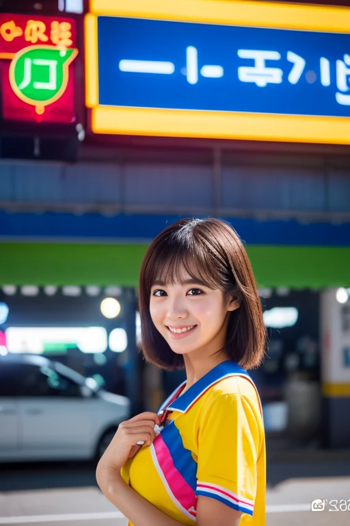 (masterpiece:1.3), (8K, Photoreal, Raw photo, best image quality: 1.4), Japanese female university student、(random hairstyle:1.2)、cleavage:1.2、super detail face、eye for details、double eyelid、chest to chest、sharp focus:1.2、Beautiful woman:1.4、light brown hair、highest quality、masterpiece、超A high resolution、(Photoreal:1.4)、非常に詳細でプロフェッショナルな照明のsmile、thin、smile、short haired、cute golf wear for women,brightly colored building with a sign that says parking slot, Commercial sign, Photographed with Sony α9, Some floating signs, Advertising billboards, Commercial Banner, signboards, bright signage, Official store photos, Photographed with Sony A3 camera, takaratomy, sign, high quality photos, neon signs in background, the background is heaven, surface side