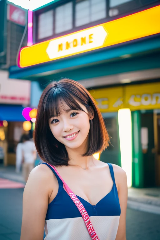 (masterpiece:1.3), (8K, Photoreal, Raw photo, best image quality: 1.4), Japanese female university student、(random hairstyle:1.2)、cleavage:1.2、super detail face、eye for details、double eyelid、chest to chest、sharp focus:1.2、Beautiful woman:1.4、light brown hair、highest quality、masterpiece、超A high resolution、(Photoreal:1.4)、非常に詳細でプロフェッショナルな照明のsmile、thin、smile、short haired、cute golf wear for women,brightly colored building with a sign that says parking slot, Commercial sign, Photographed with Sony α9, Some floating signs, Advertising billboards, Commercial Banner, signboards, bright signage, Official store photos, Photographed with Sony A3 camera, takaratomy, sign, high quality photos, neon signs in background, the background is heaven, surface side