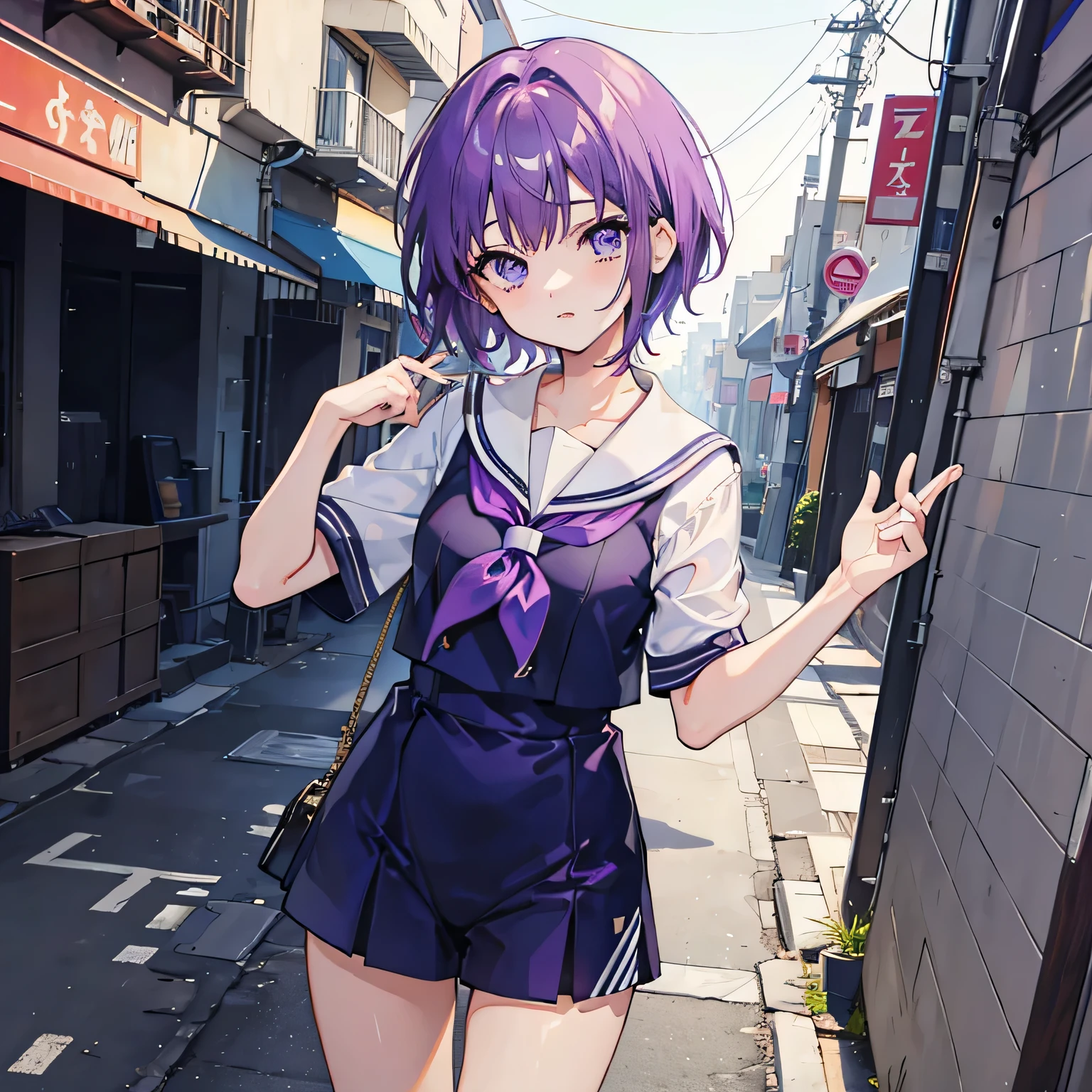 Purple short hair girl 17 years old sailor suit motivational speech