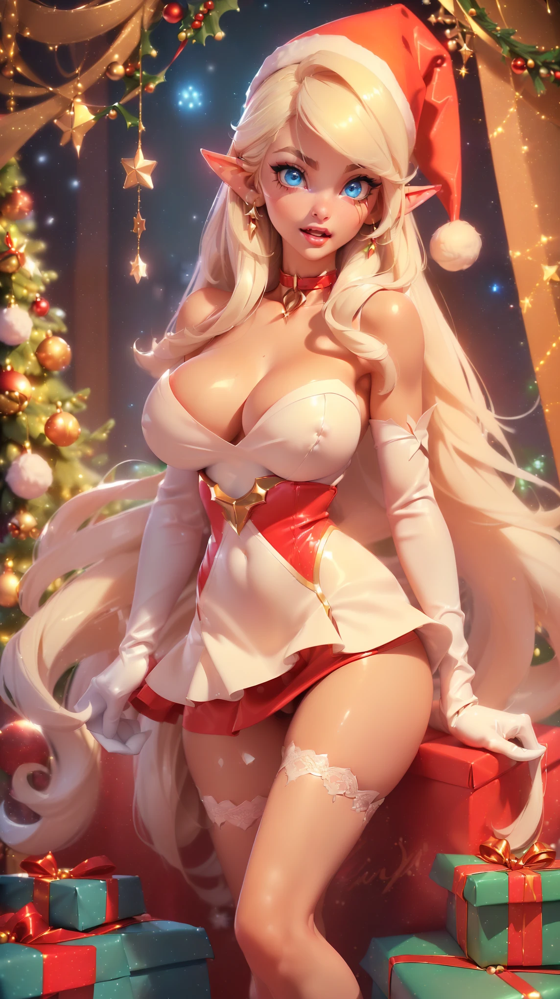 ((sit on floor alongside christmas tree without underwear)) ((tall beautiful female elf santa claus helper)), detailed beautiful face,((Perfect Big bright blue eyes)), ((elf ears)) ((dark eyeshadows make up)) ((bright red lipstick)), ((happy smile)) ((very long Realistic platinum blonde hair with bangs covering one eye)) ((huge beauty shape breasts:1.6)) ((perfect slender body:1.3)) ((wears micro red strappless christmas dress, ((micro short skirt)), gloves and long socks)), (((perfect beautiful nude pussy lips))), ((choker, christmas hat)) ((sexy pose)) ((inside photo studio with lights reflectors on her)) ((christmas decoration, many gift box on display)), ((high definition:1.5), ((amazing lights and shadows)) ((masterpiece:1.5))((8k:1.5)) ((Best quality:1.4)), sharp focus, Extremely Realistic, high resolution, 8k.