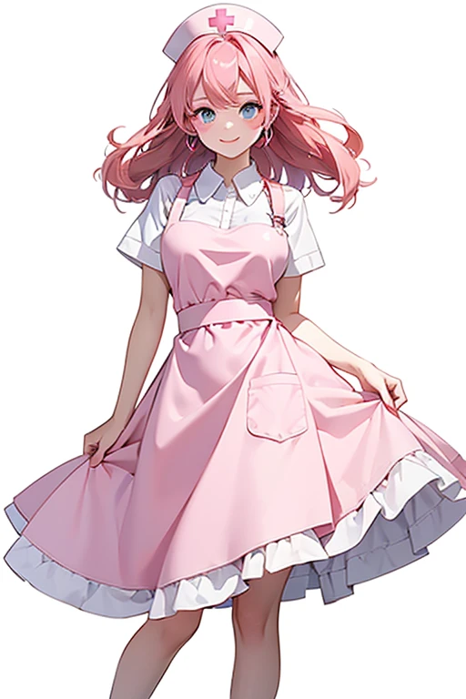 (masterpiece, best quality:1.2), looking at viewer, smile, nurse, hair rings, pink hair, blue eye, large breasts, nurse cap, pink collared dress, white apron, full body, staning, thick outline, simple background, white background
