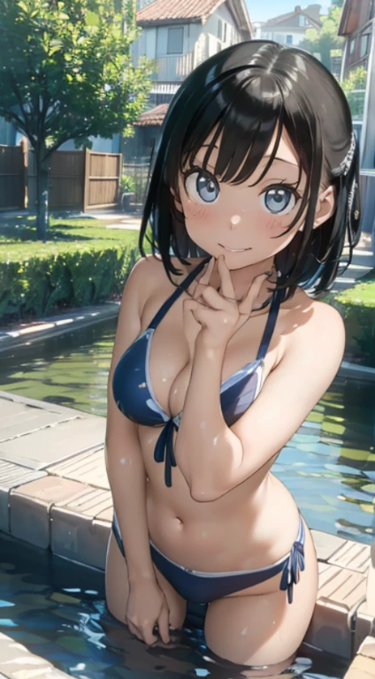 (best quality,4k,highres,masterpiece:1.2),adorable smiling girl,beautiful eyes,beautiful smile,garden setting,natural lighting,vivid colors,cute bikini,detailed flowers and plants,soft sunlight reflecting on water,playful expression,summer vibes,joyful atmosphere