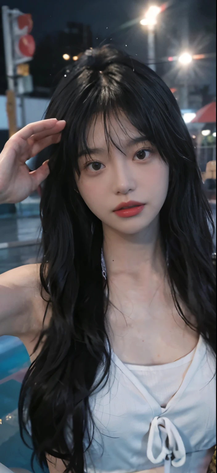 College girl with long black hair、16K、summer poolside、Colorful Bikini、beautiful skin、big 、highest quality, masterpiece,..night,.city,..1 girl,.(real skin texture:1.3),.close,.face focus,.Upper body,.Self snap,..