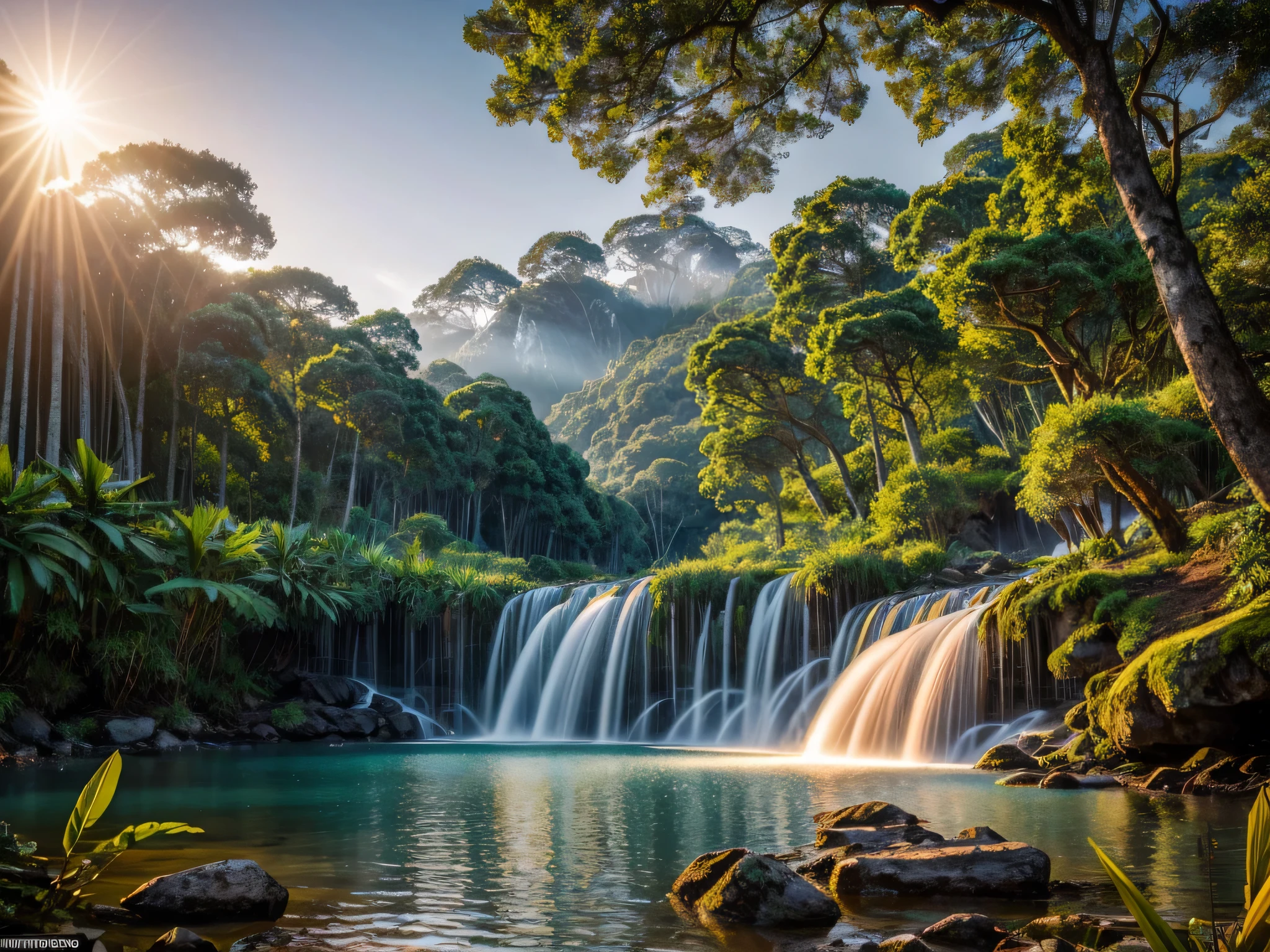 An award-winning, ultra-detailed photorealistic photographer meticulously captures the essence of a beautiful forest like no other in this masterpiece (1.5). In this Avatar-style composition, the scene features intricately detailed jungle trees (1.3), exotic plants from other planets (1.1), and a breathtaking running water fountain. The sunrise reflects off the vibrant vegetation with unparalleled clarity and realism, inviting us to witness the vibrant life that the panoramic view offers. This stunning photograph, taken with a high-end camera (Nikon, Fujifilm XT3), is shot in 16k