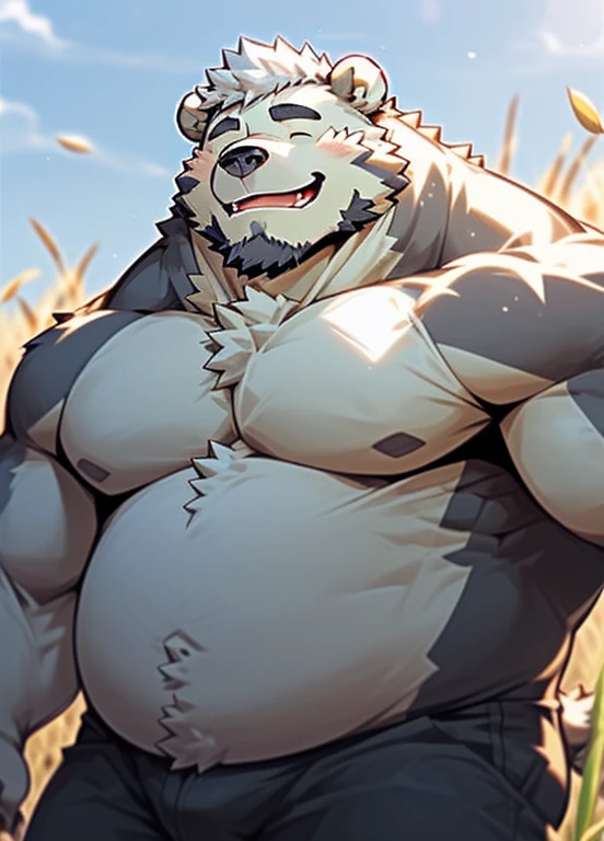 (masterpiece),(Farmer 1.1),Very detailed,(best quality),hairy,Bear,white hair,eyes closed,chubby,(chubby),(huge size),charming,((Smile)), (naked),((crotch bulge)),permanent,(Smile),(eyes closed))),cool pose,golden wheat field,on the farm,16K,(high quality),facial clarity
