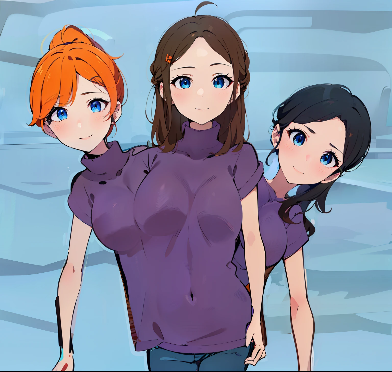 best quality, (masterpiece),(ultra-detailed), (high quality), (high resolution), ((3heads:1.5)), best quality:1.5, highres, UHD, 16K), three headed woman, smiling, highres, masterpiece, (orange hair), (black hair), (brown hair), (purple casual shirt), blue jeans pants, three heads, one body, (blue eyes), age girl
