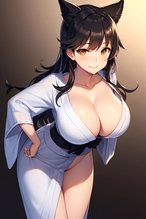perfect face, atago, black hair, long hair, brown eyes, animal ears, ((dark background)), facing forward, cowboy shot, lust smile, in the center, giant breasts, ((bending over)), hands on hips, ((white yukata)), cleavage