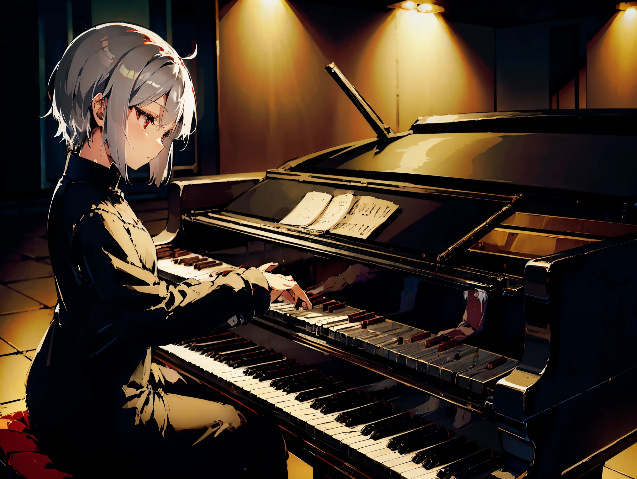 a girl with beautiful silver hair and expressionless red eyes, wearing a black , sitting and playing the piano, in a dark room