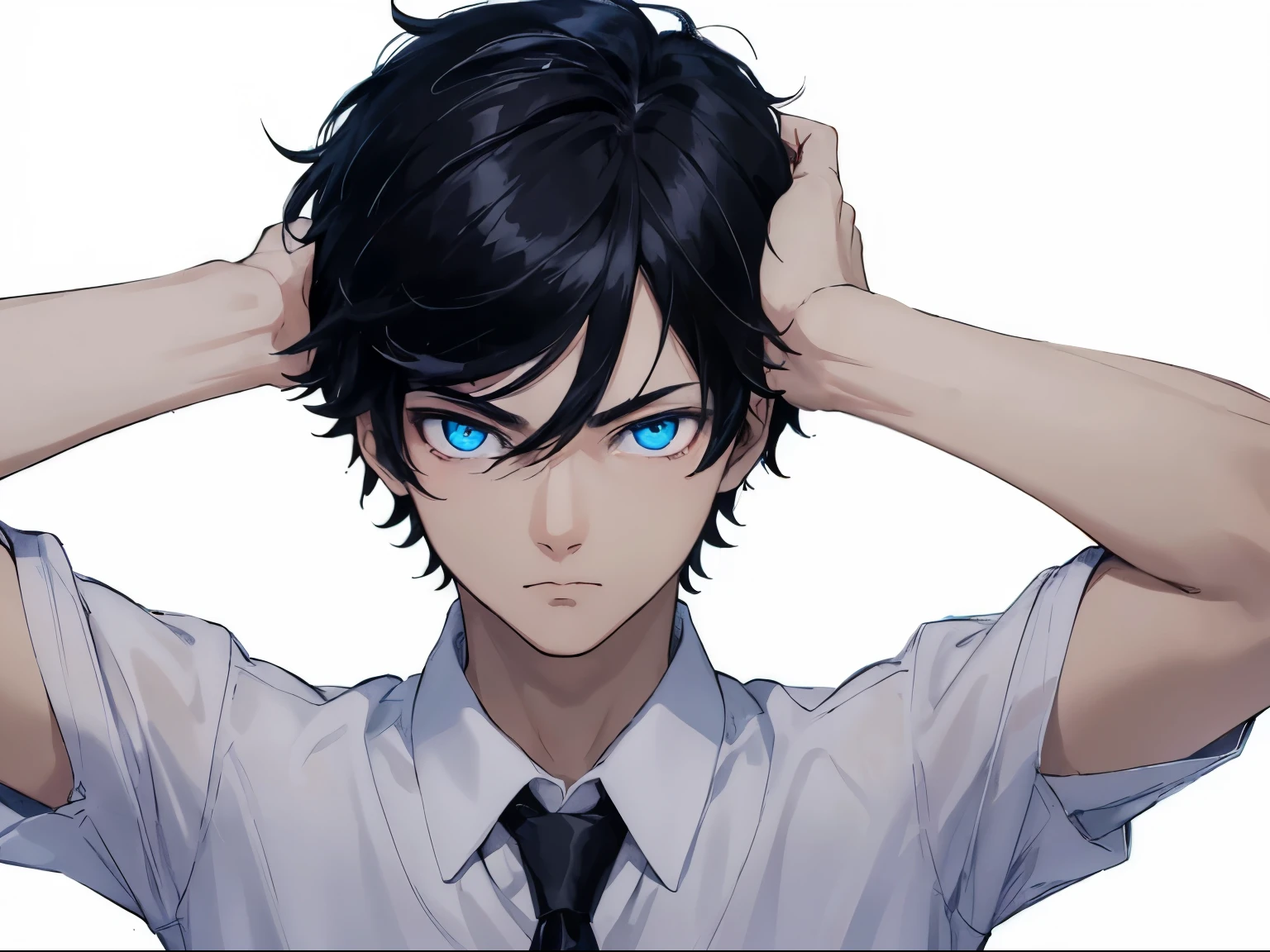 [(white background:1.5),::5], ((((masterpiece)))), high quality, ultra high resolution, full color, (((alone))), ((boy)), black hair, ((black hair)), glowing blue eyes, japanese cartoon movies, upper body, neon lights, Suit, upper body, red energy, character in the center