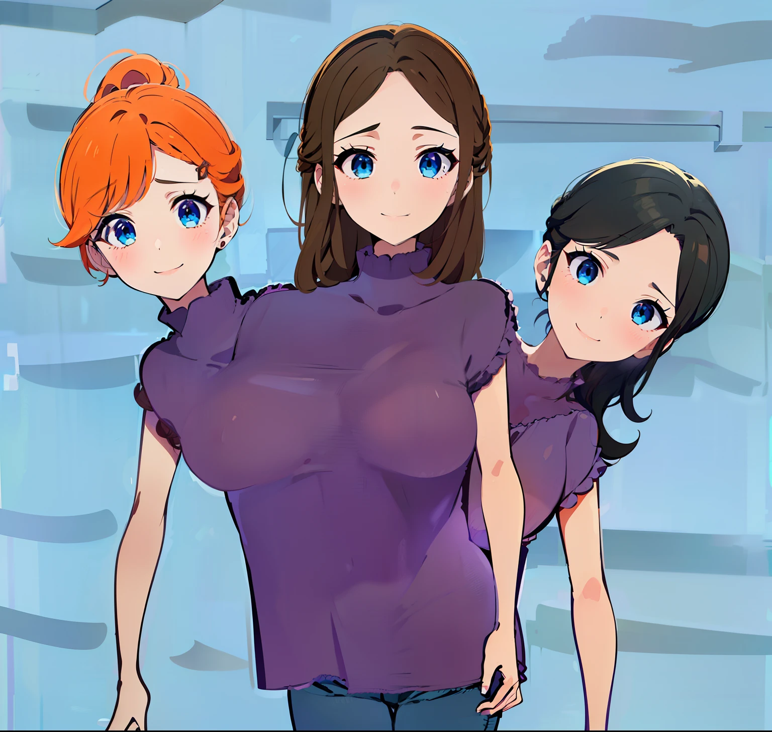 best quality, (masterpiece),(ultra-detailed), (high quality), (high resolution), ((3heads:1.5)), best quality:1.5, highres, UHD, 16K), three headed woman, smiling, highres, masterpiece, (orange hair), (black hair), (brown hair), (purple casual shirt), blue jeans pants, three heads, one body, (blue eyes), age girl