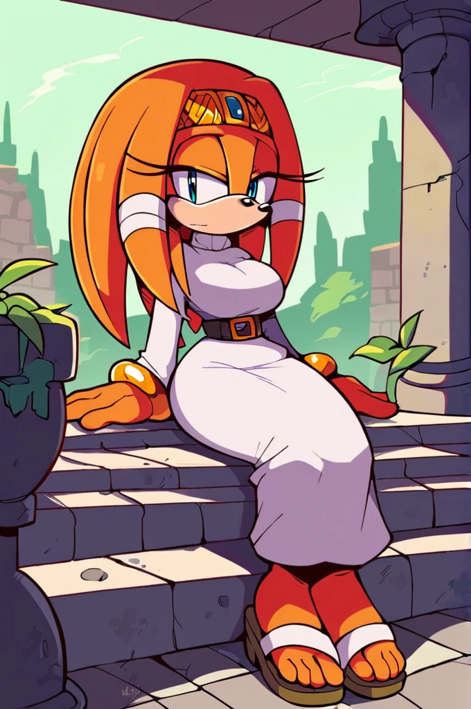 score_9,  score_8_up, 2D, flat color, 1girl, solo, outdoors, tikal the echidna from the sonic the hedgehog series, wide hips, narrow waist, sandals, sitting on stone steps, temple, (white long sleeve turtleneck sweater dress), (black wide elastic waist belt with gold buckle), milf sized bust, breasts, milf, makeup