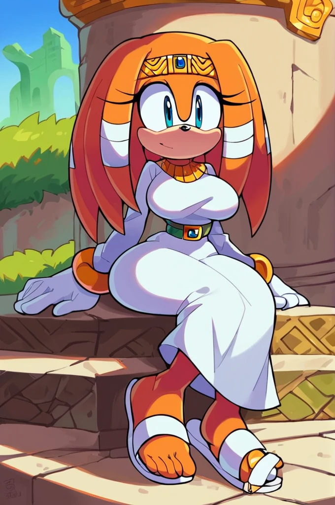 score_9,  score_8_up, 2D, flat color, 1girl, solo, outdoors, tikal the echidna from the sonic the hedgehog series, wide hips, narrow waist, sandals, sitting on stone steps, temple, (white long sleeve turtleneck sweater dress), (black wide elastic waist belt with gold buckle), milf sized bust, breasts, milf, makeup