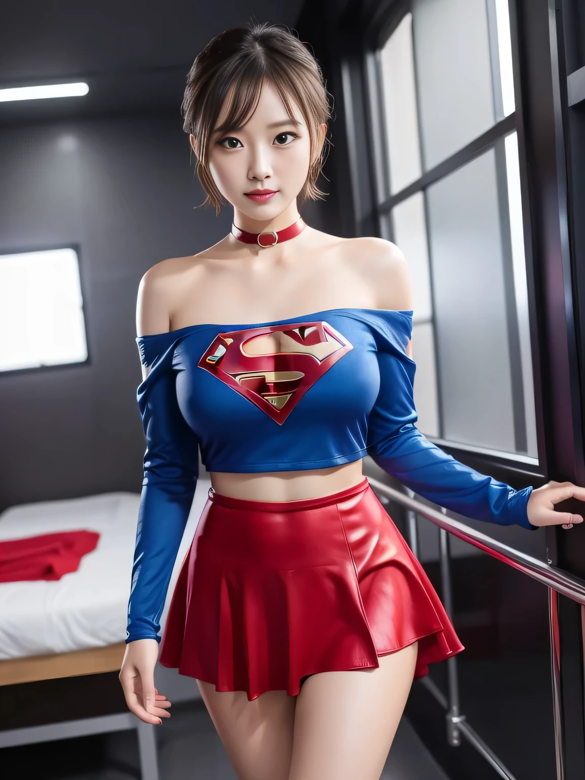 masterpiece、supergirl costume、short hair、barefoot、big and full breasts、Research room、operating table、oil massage、Oily Skin、shiny、look at the camera、Sexy poses to seduce、model body shape、choker、long sleeve、red mini skirt、Cowgirl、Estrus、sweaty、Radical、off shoulder、Glamorous、charm、charming、Fascinating、