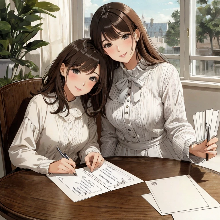 Two women on a postcard, (stylish clothes), mature woman, /(brown hair/) bangs, A gentle smile with a blush, (Masterpiece of the highest quality:1.2) Delicate illustrations super detailed, Big breasts BREAK (table with postcards:1.2 ) close, The edge of the postcard is decorated with a handwritten message from Pen BREAK.