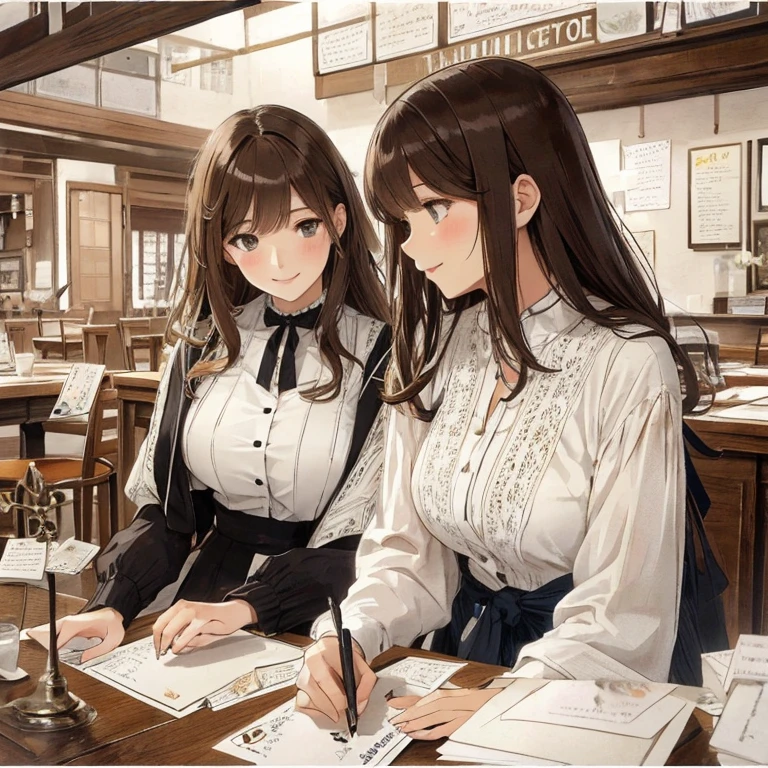 Two women on a postcard, (stylish clothes), mature woman, /(brown hair/) bangs, A gentle smile with a blush, (Masterpiece of the highest quality:1.2) Delicate illustrations super detailed, Big breasts BREAK (table with postcards:1.2 ) close, The edge of the postcard is decorated with a handwritten message from Pen BREAK.